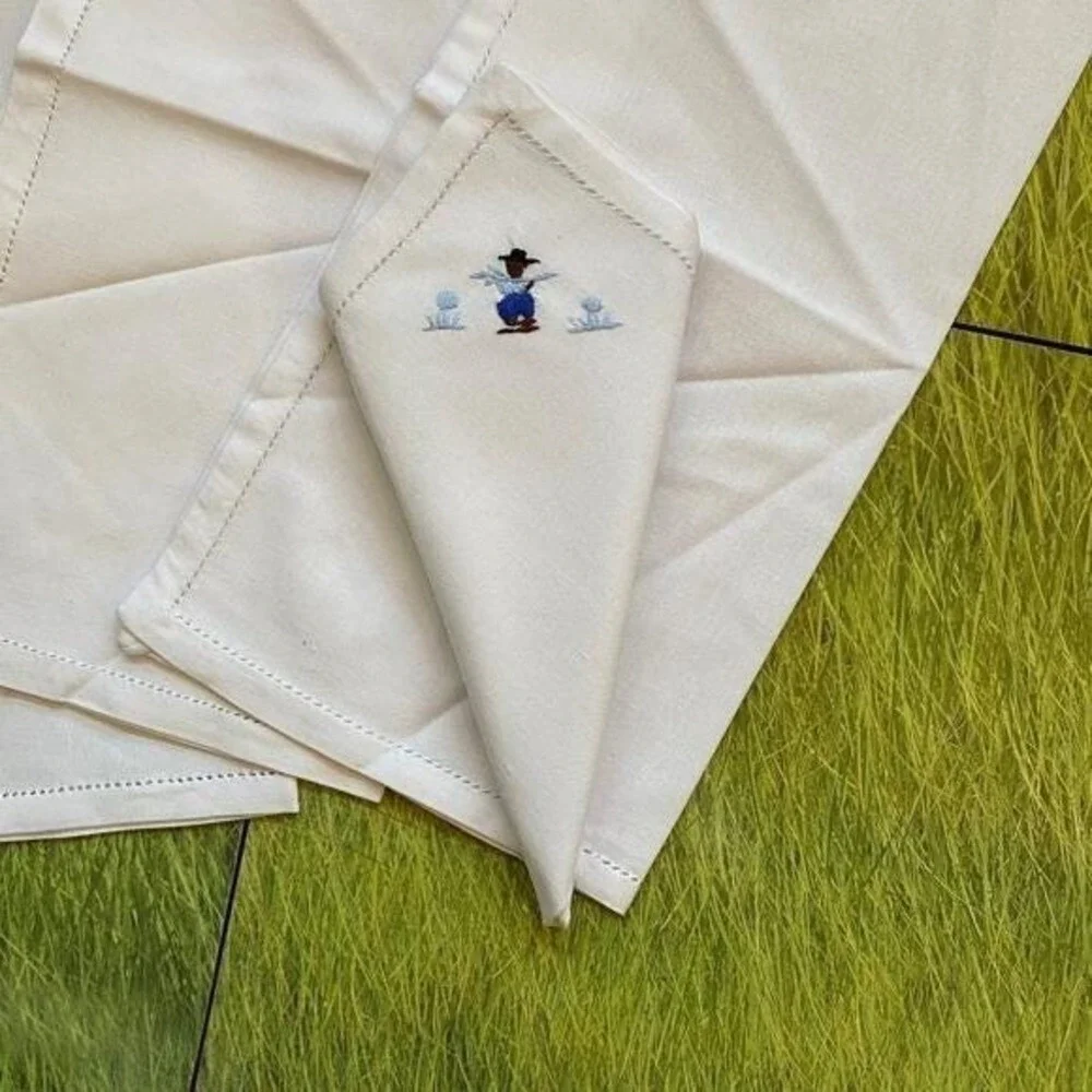 Vintage Hand-Embroidered Linen‎ Napkins – Whimsical Folk Art Figures – Set of 4